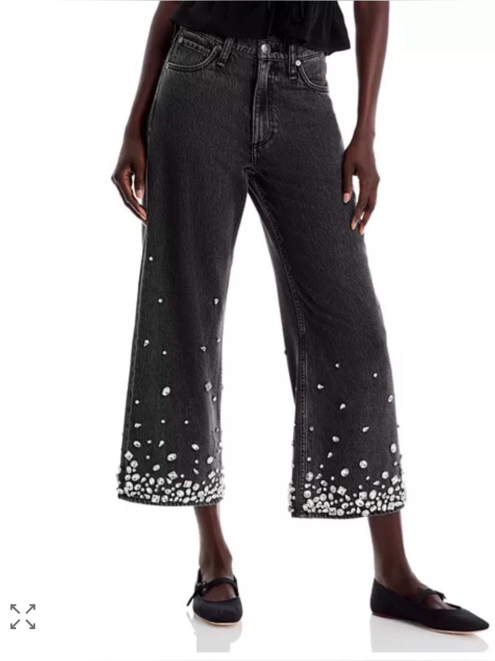 rag & bone black high-rise ankle wide-leg jeans with crystal embellished hem